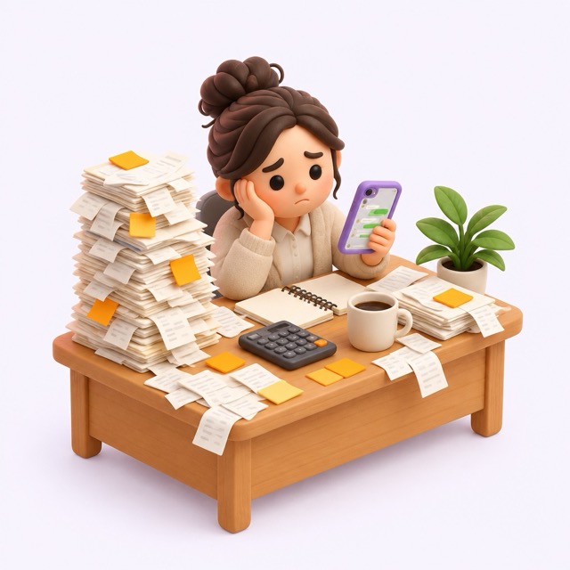 Ilustración isométrica de un administrador rodeado de recibos y notas, con el chat abierto en el teléfono.