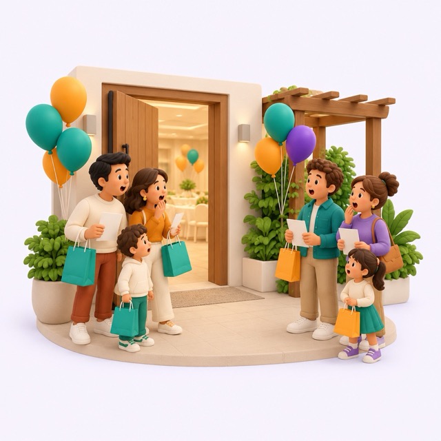 Ilustración isométrica de dos familias llegando a la vez al salón de eventos, cada una con su papel de reserva en la mano.