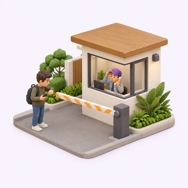 Ilustración isométrica de un visitante esperando junto a la pluma bajada mientras el guardia habla por teléfono dentro de la caseta.