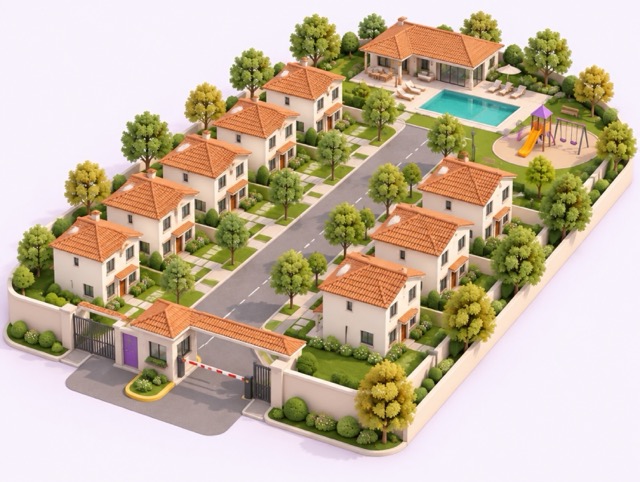 Ilustración isométrica de un conjunto cerrado de casas de dos pisos con caseta y pluma en la entrada, calle interna, piscina, salón y juegos infantiles.