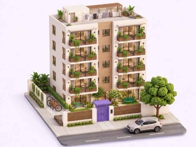 Ilustración isométrica de un edificio de apartamentos de cuatro pisos con balcones, jardín al frente, portón con interfón y azotea compartida.